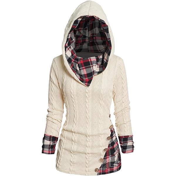 ZEZCLO Women's Twisted Cable Knit Plaid Print Hooded Sweater ZEZCLO Women's Twisted Cable Knit Plaid Print Hooded Sweater